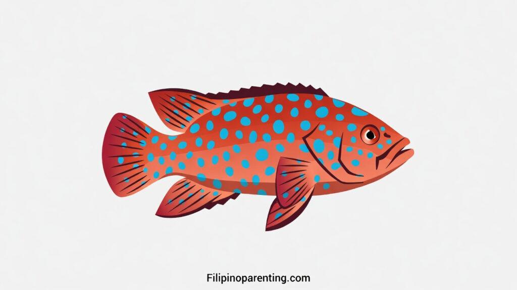 Grouper in Tagalog (Lapu-lapu): Discover 12 Powerful Example Sentences for Ultimate Premium Reef Fish Illustration of a Red Grouper in Tagalog, locally known as Lapu-Lapu or Suno, featuring its iconic blue spots and reddish body.