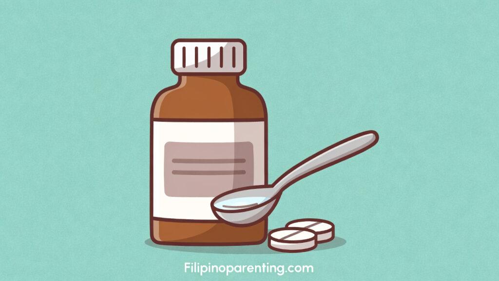 Health in Tagalog: 10 Essential Words & Phrases for Symptoms, Doctor Visits & Pharmacy Health in Tagalog: An illustration of a medicine bottle, liquid on a spoon, and tablets to help learners master health-related words and phrases.