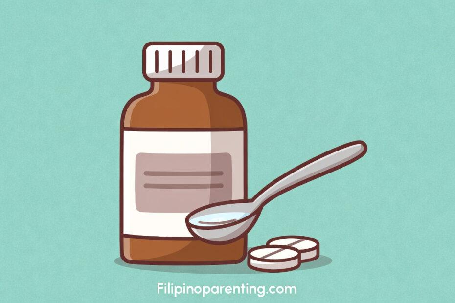 Health in Tagalog: An illustration of a medicine bottle, liquid on a spoon, and tablets to help learners master health-related words and phrases.