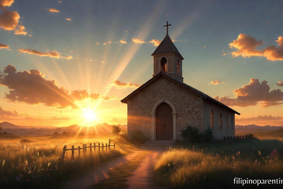 A golden sunset over a church representing Tagalog Quotes on God’s Unending Grace and Love.