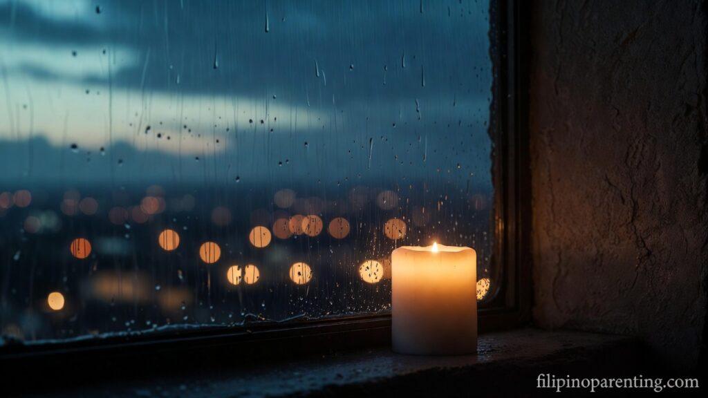 Deep Hugot Tagalog Quotes Unspoken Silent Love: 5 Unstoppable Lines A candle on a rainy windowsill representing Deep Hugot Tagalog Quotes Unspoken Silent Love.