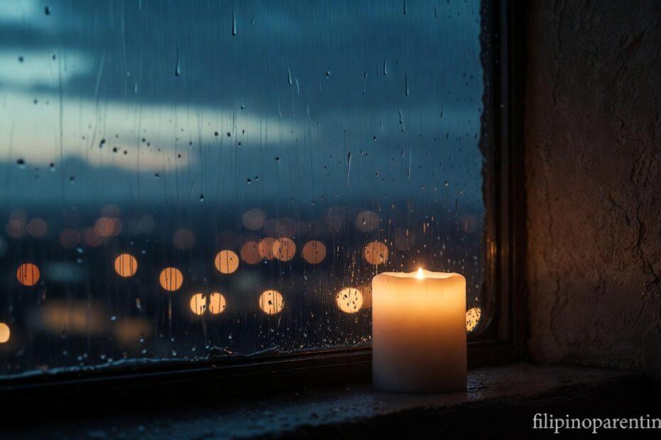 A candle on a rainy windowsill representing Deep Hugot Tagalog Quotes Unspoken Silent Love.