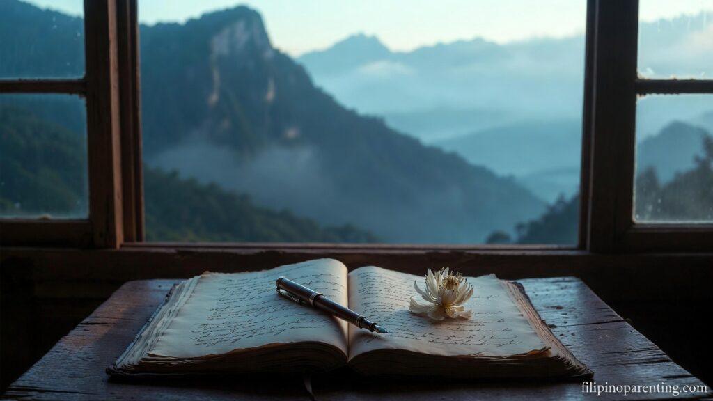 Poetic Tagalog Quotes Tula ng Buhay Reflection: 5 Enchanting Truths An open journal and fountain pen representing Poetic Tagalog Quotes Tula ng Buhay Reflection.