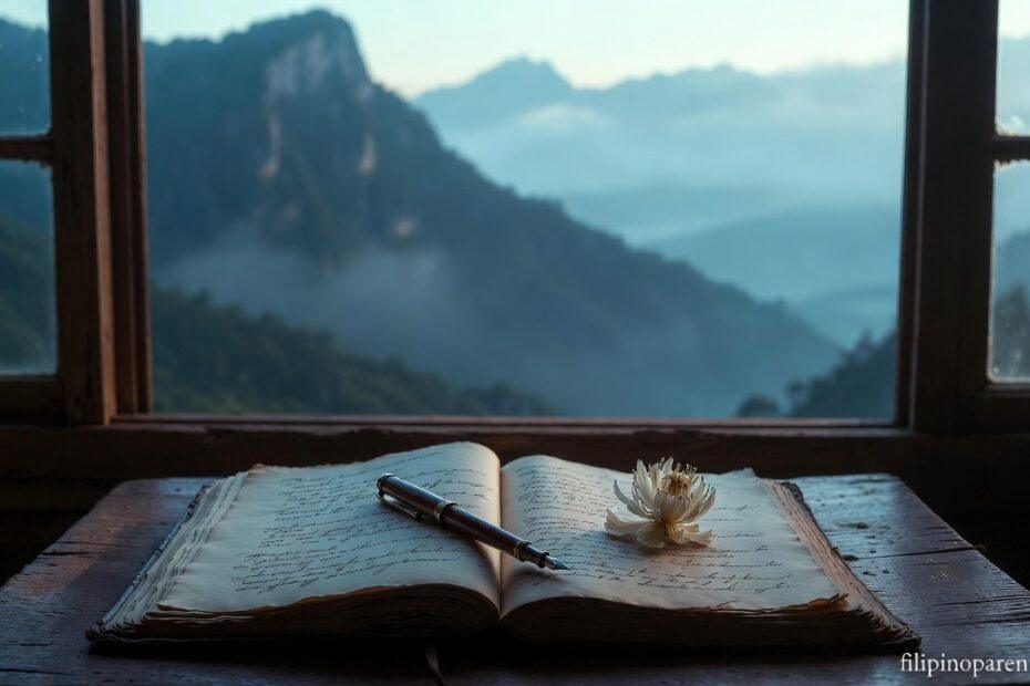 An open journal and fountain pen representing Poetic Tagalog Quotes Tula ng Buhay Reflection.