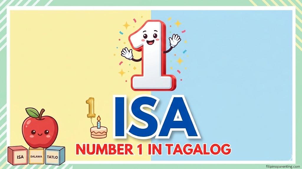 Number 1 in Tagalog: Isa (Meaning, Pronunciation, & 1st Birthday) A colorful educational banner for the Tagalog word "ISA," featuring a smiling number 1 character, a red apple, a birthday cake, and alphabet blocks on a yellow and blue background.