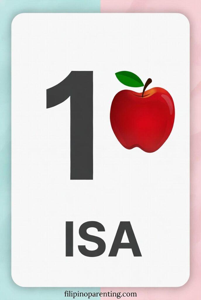Number 1 in Tagalog: Isa (Meaning, Pronunciation, & 1st Birthday) Educational flashcard for the Tagalog word "Isa," showing the number 1 and one red apple.