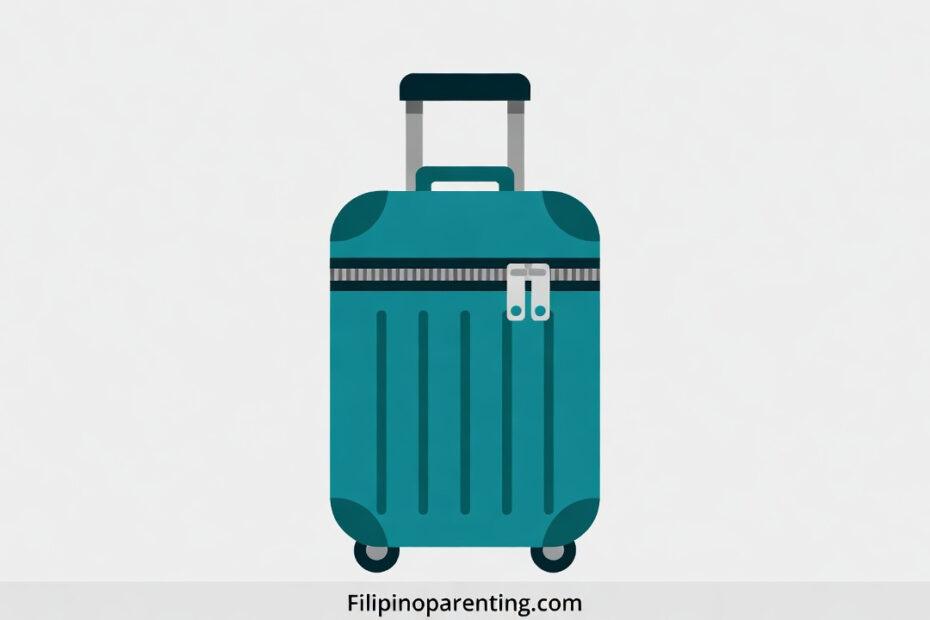 Packing in Tagalog: A stylized teal suitcase (maleta) with a handle and wheels, used to teach essential travel and packing phrases.