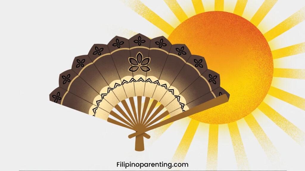 Seasons in Tagalog: 3 Real Panahon + Essential Vocabulary Guide Seasons in Tagalog: A stylized vector illustration of an open fan (pamaypay) in front of a bright, radiating sun to represent the heat of Tag-init.