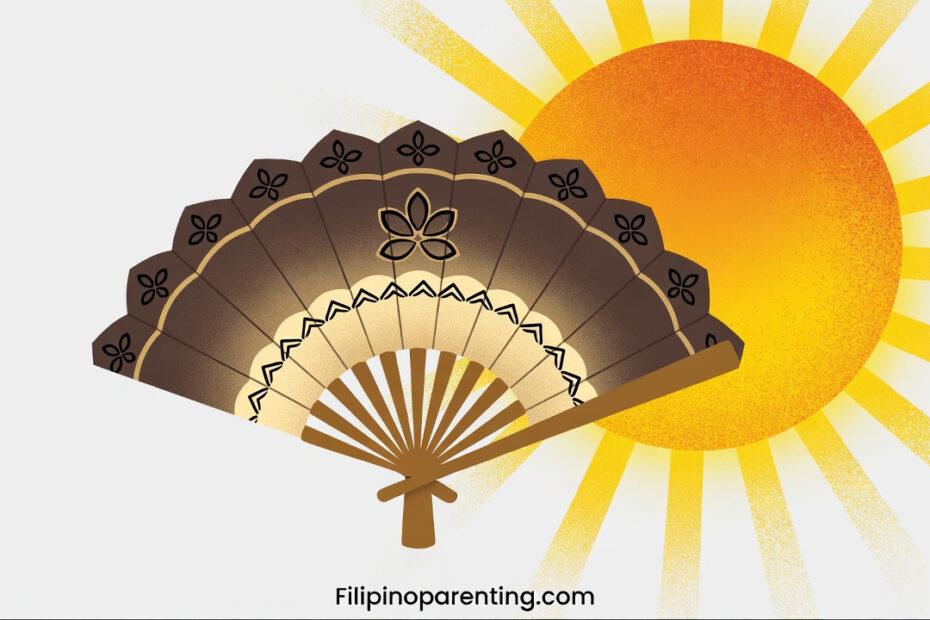Seasons in Tagalog: A stylized vector illustration of an open fan (pamaypay) in front of a bright, radiating sun to represent the heat of Tag-init.
