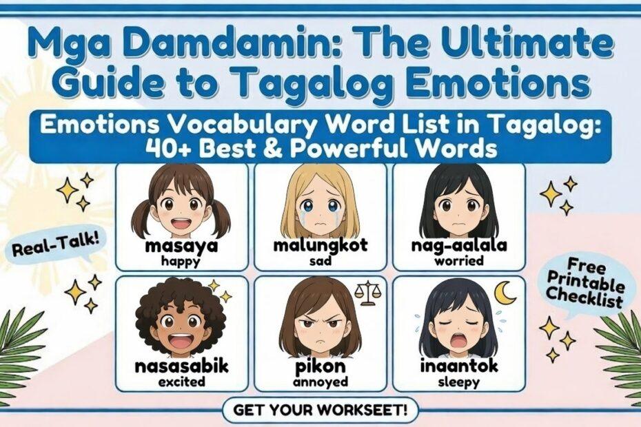 A comprehensive Tagalog emotions vocabulary chart for beginners featuring 12 common feelings like masaya, malungkot, and pikon with visual illustrations.
