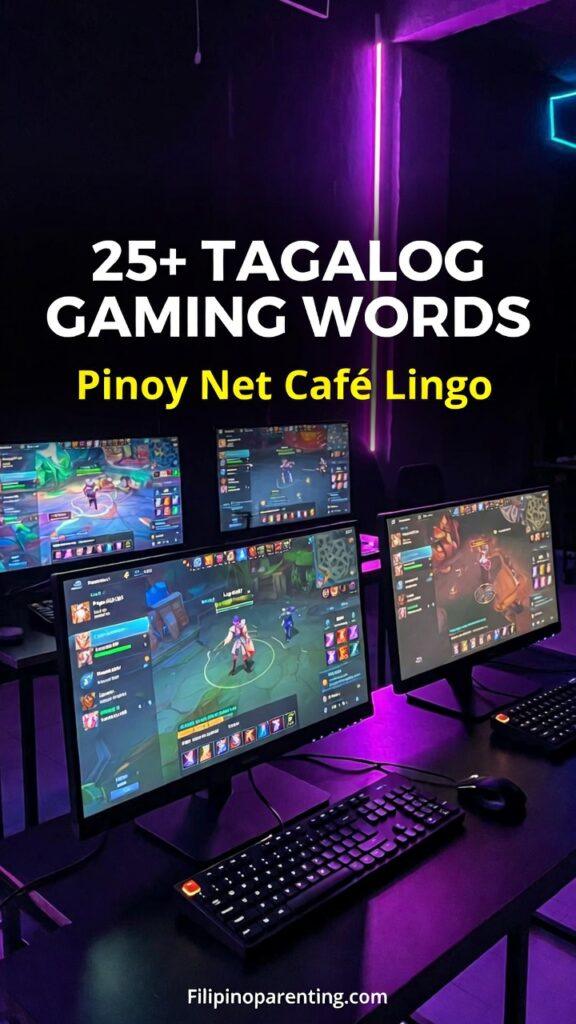 Tagalog Gaming Words: 25+ Awesome Terms & Slang Every Pinoy Gamer Needs A rows of gaming monitors in a Pinoy net café displaying MOBA gameplay to illustrate Tagalog gaming words.