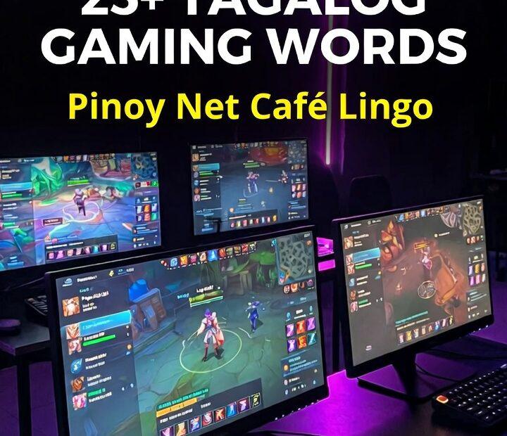 A rows of gaming monitors in a Pinoy net café displaying MOBA gameplay to illustrate Tagalog gaming words.