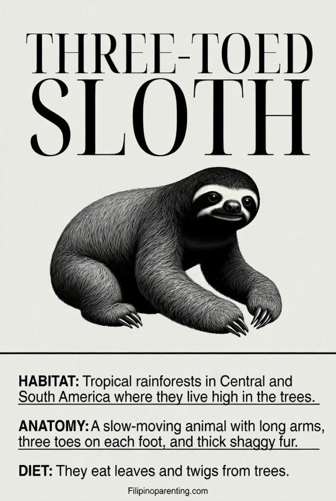 Three-Toed Sloth Facts: Habitat, Diet & Unique Traits Simple anatomical poster of a Three-Toed Sloth with habitat and diet facts for families and learners.