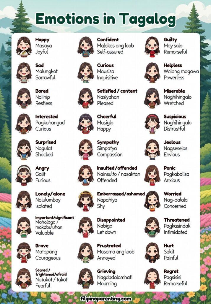 Emotions Vocabulary Word List in Tagalog: 40+ Best & Powerful Words Emotions Vocabulary Word List in Tagalog featuring an extensive reference guide with English translations for advanced learners and parents.