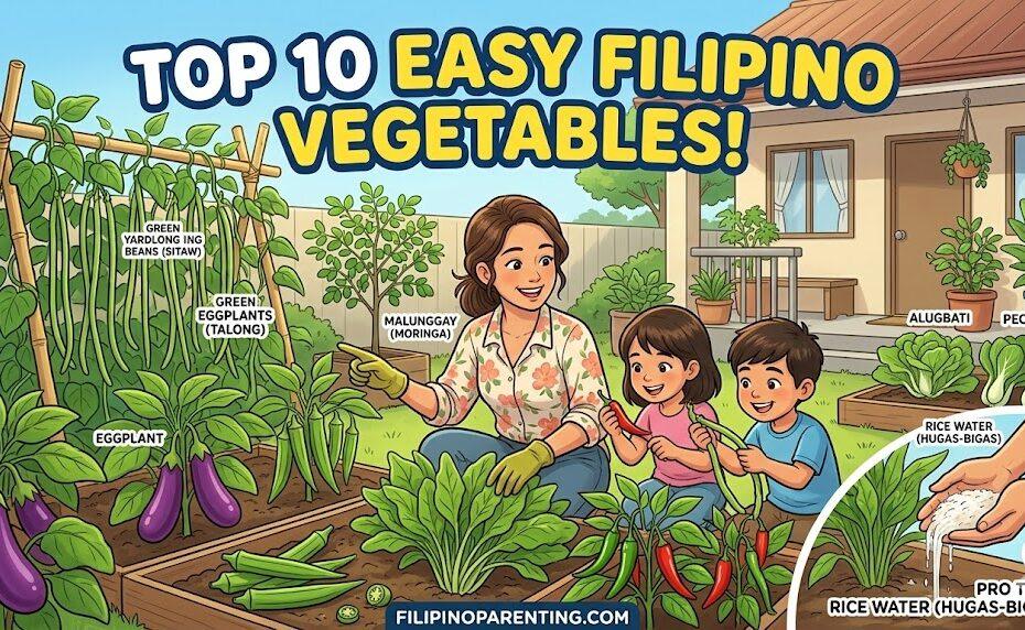A cheerful Filipino family gardening together in their backyard, featuring a Pinay mom and the younger generation harvesting easy-to-grow vegetables like Talong, Sili, and Sitaw. This colorful anime-style illustration also highlights the 'Hugas-Bigas' rice water pro-tip for sustainable Filipino vegetable gardening.