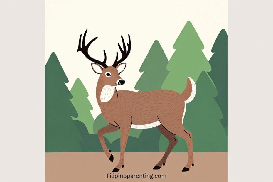 An illustration of a male white-tailed deer with antlers in a forest, highlighting white-tailed deer facts like their white tail warning signal.