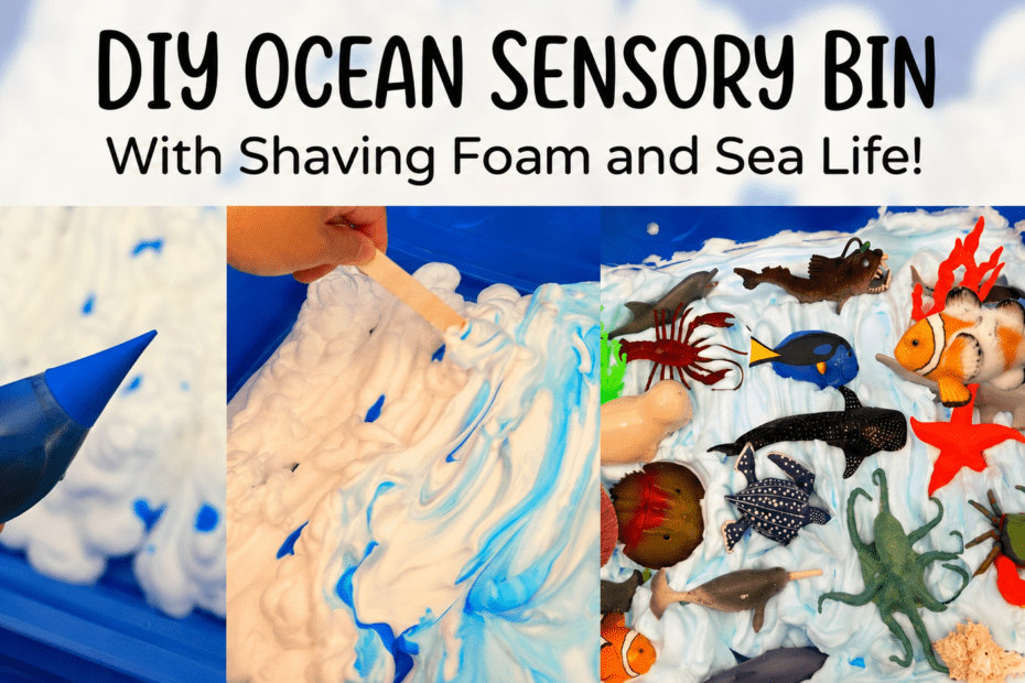DIY ocean sensory bin setup with shaving foam, blue food coloring, and marine life figures for hands-on learning activities.
